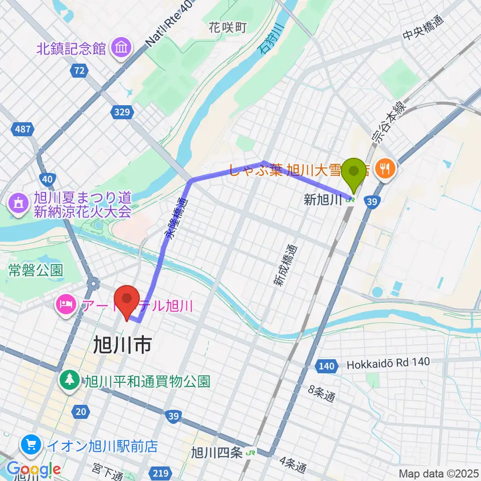 新旭川駅から旭川市民文化会館へのルートマップ地図