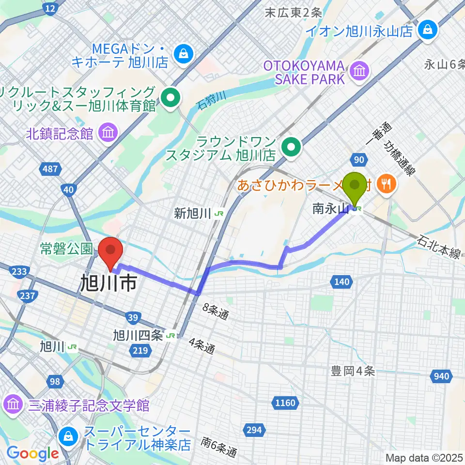 南永山駅から旭川市民文化会館へのルートマップ地図