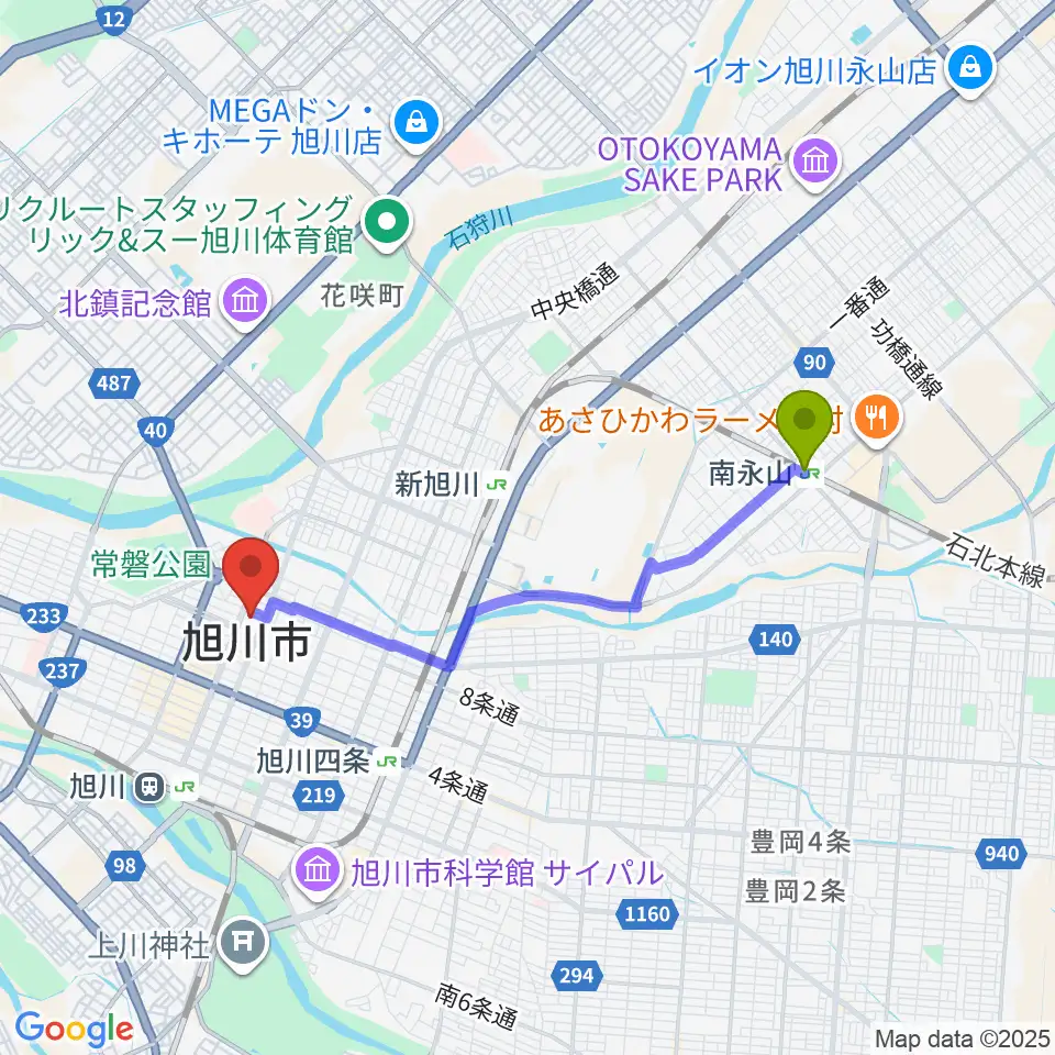 南永山駅から旭川市民文化会館へのルートマップ地図