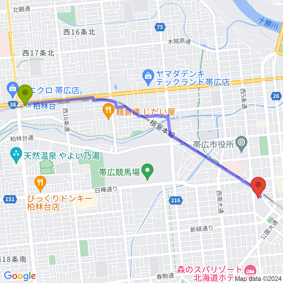 柏林台駅から帯広市民文化ホールへのルートマップ地図