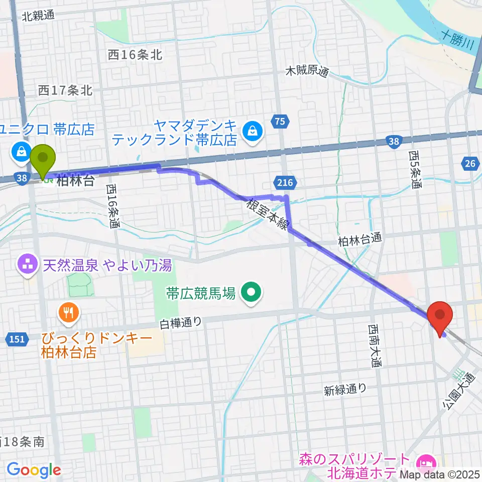 柏林台駅から帯広市民文化ホールへのルートマップ地図