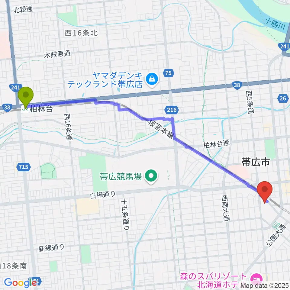 柏林台駅から帯広市民文化ホールへのルートマップ地図