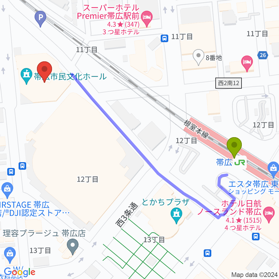 帯広市民文化ホールの最寄駅帯広駅からの徒歩ルート（約5分）地図