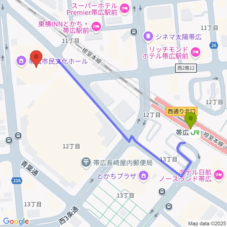 帯広市民文化ホールの最寄駅帯広駅からの徒歩ルート（約5分）地図