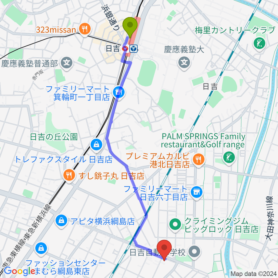 日吉駅から石原進二サックススクール綱島校へのルートマップ地図