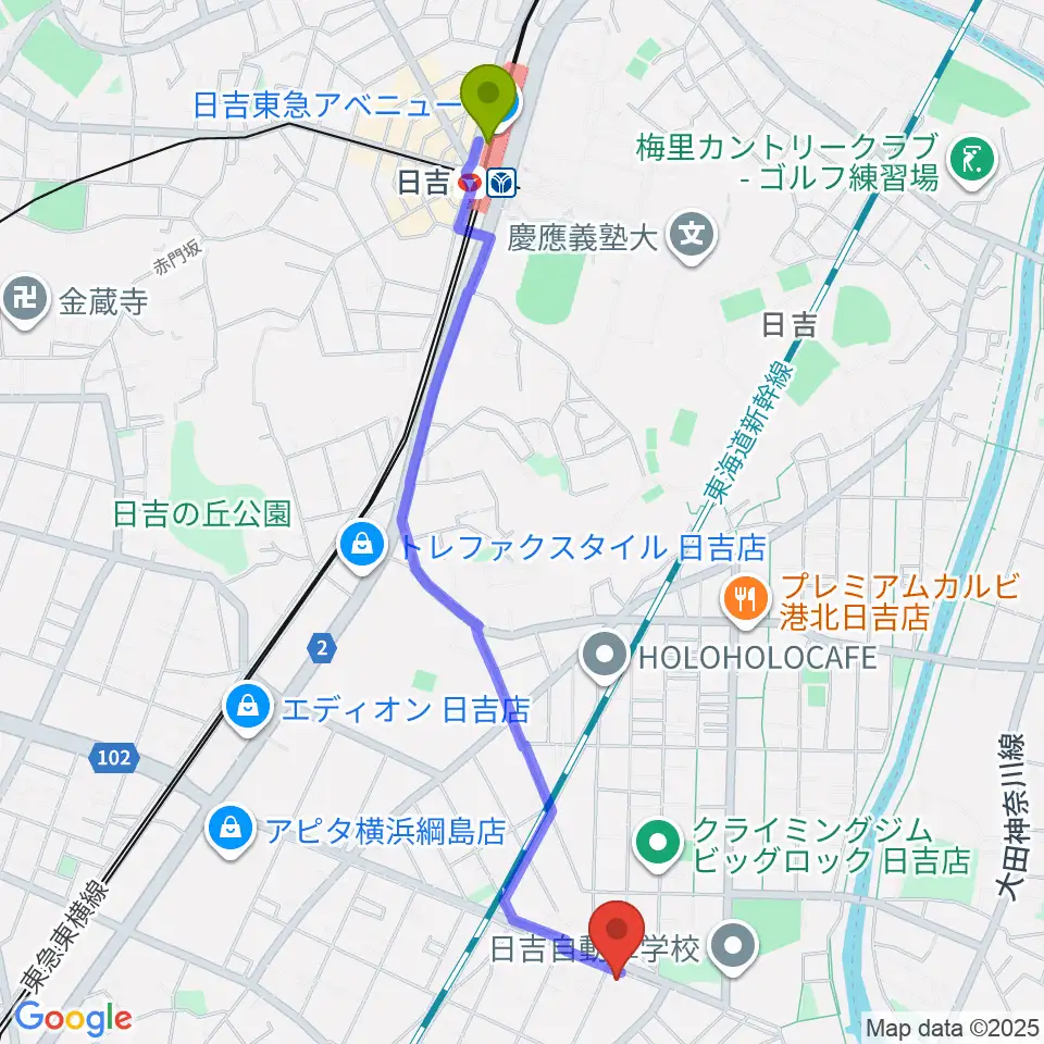 日吉駅から石原進二サックススクール綱島校へのルートマップ地図