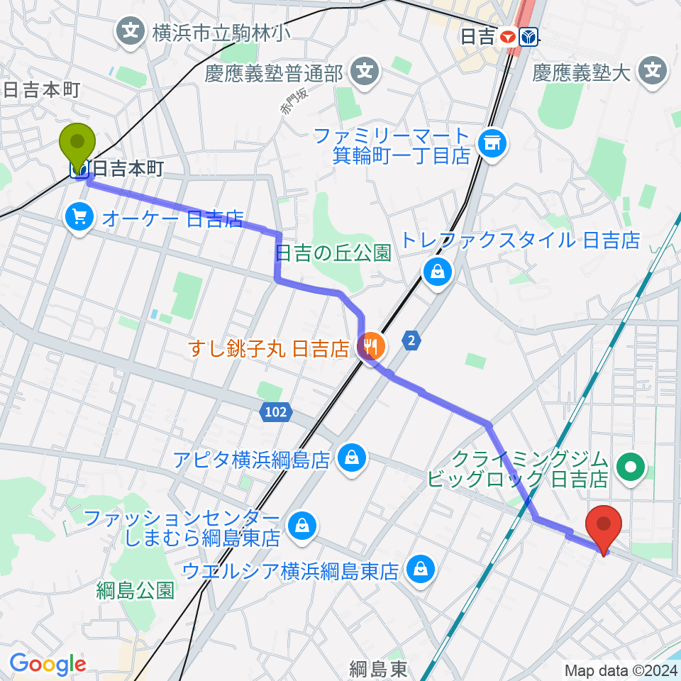 日吉本町駅から石原進二サックススクール綱島校へのルートマップ地図