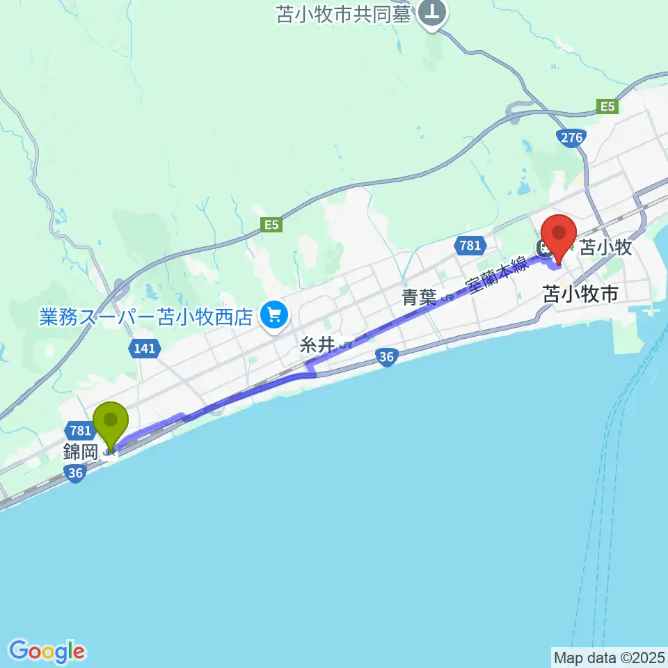 錦岡駅から苫小牧エルキューブへのルートマップ地図