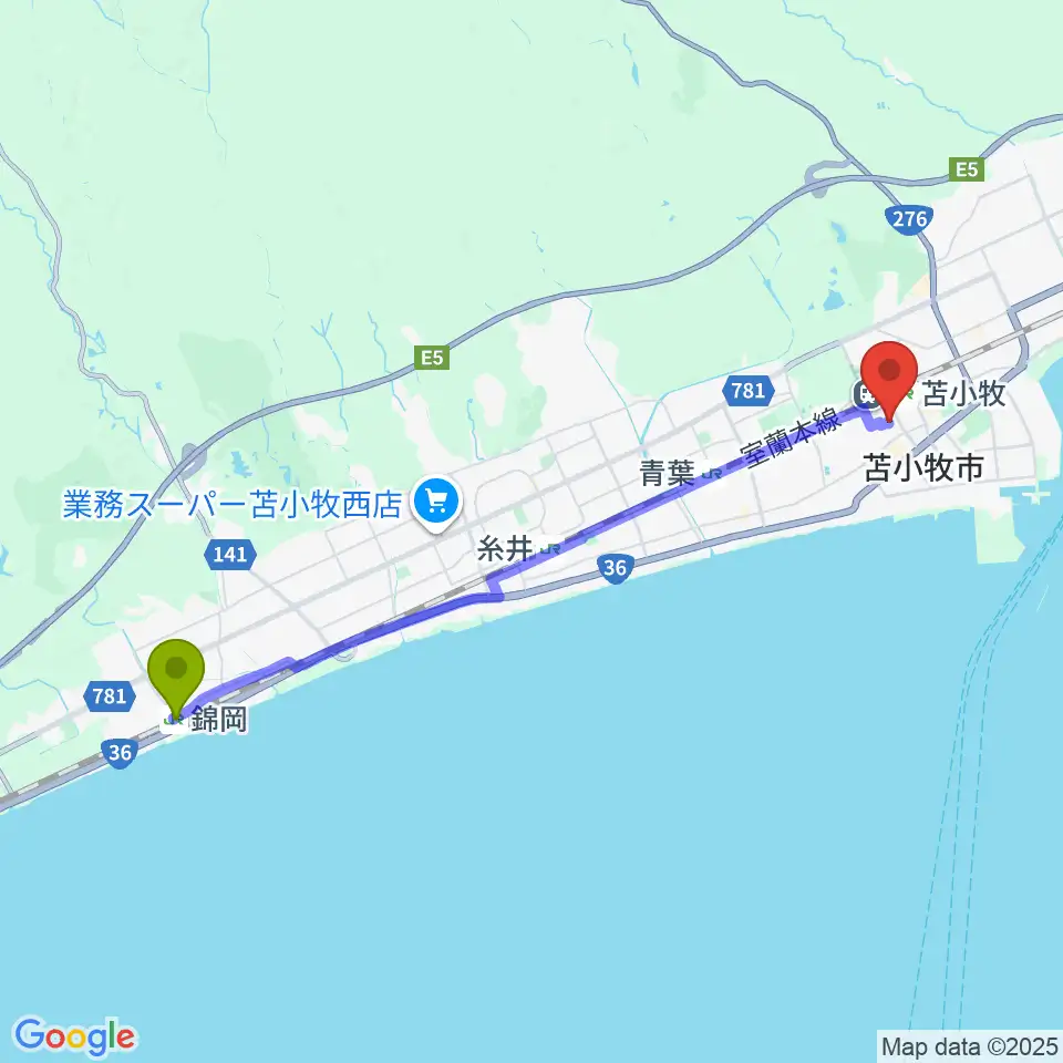 錦岡駅から苫小牧エルキューブへのルートマップ地図