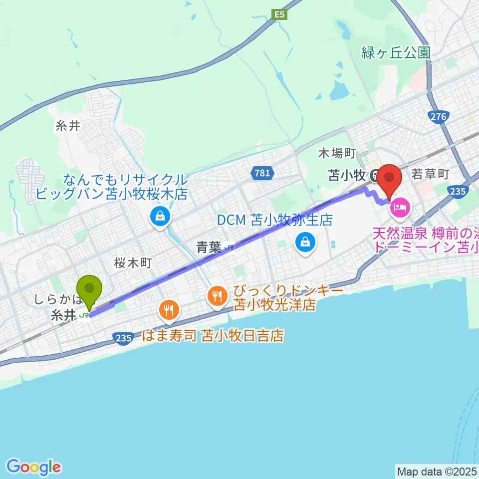 糸井駅から苫小牧エルキューブへのルートマップ地図
