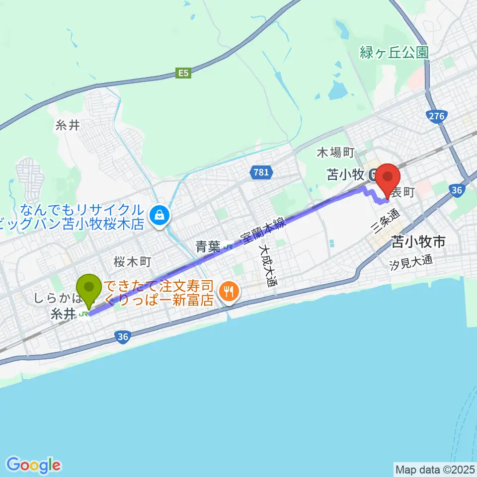 糸井駅から苫小牧エルキューブへのルートマップ地図