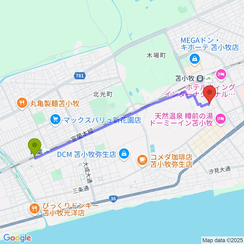 青葉駅から苫小牧エルキューブへのルートマップ地図