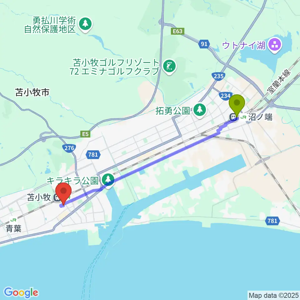 沼ノ端駅から苫小牧エルキューブへのルートマップ地図