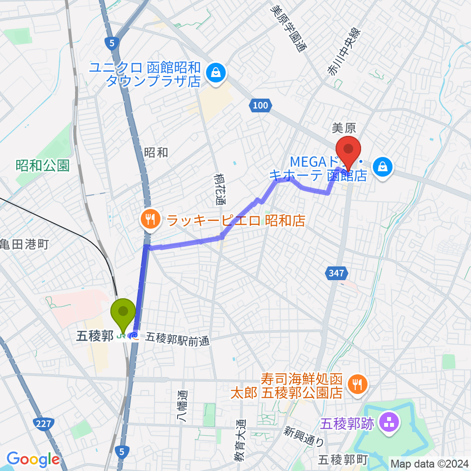 函館club COCOAの最寄駅五稜郭駅からの徒歩ルート（約34分）地図