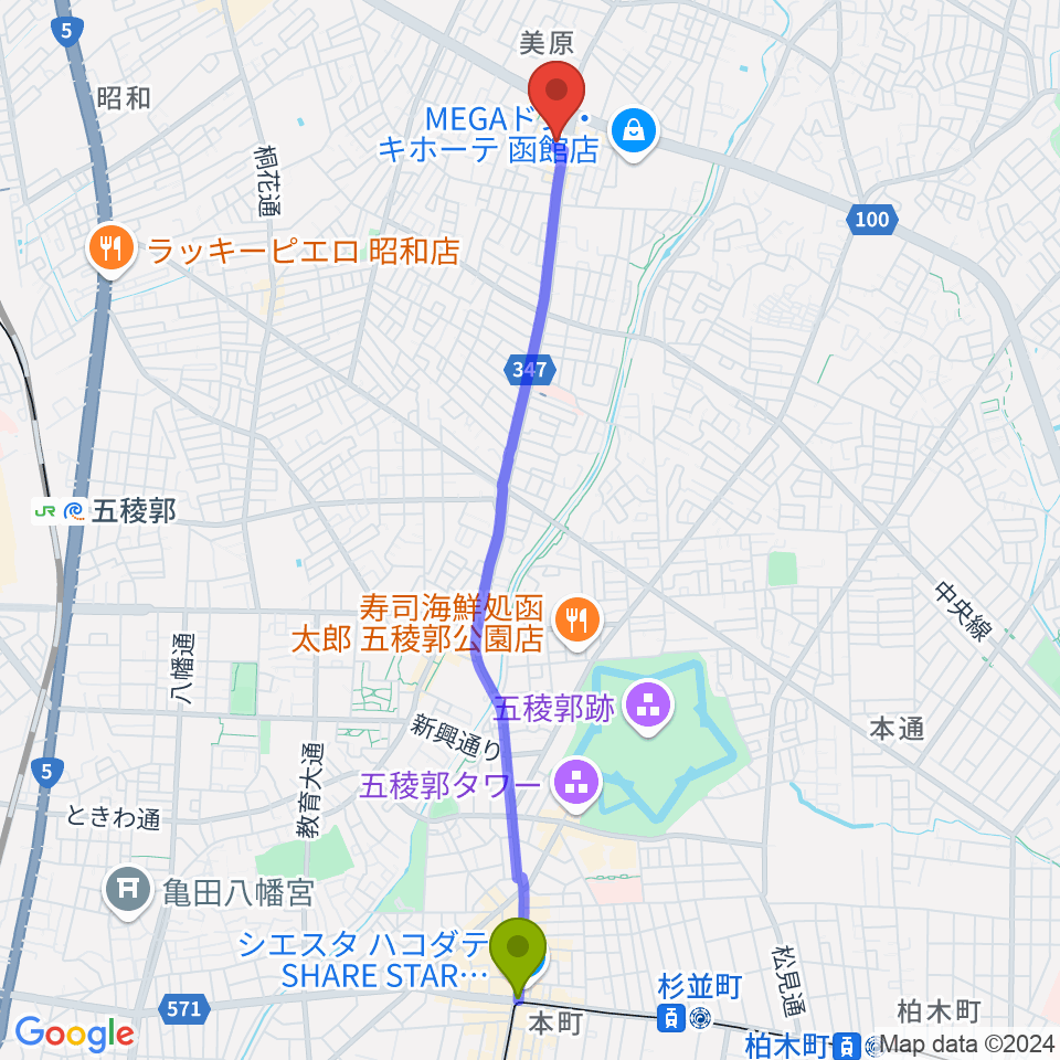 五稜郭公園前駅から函館club COCOAへのルートマップ地図