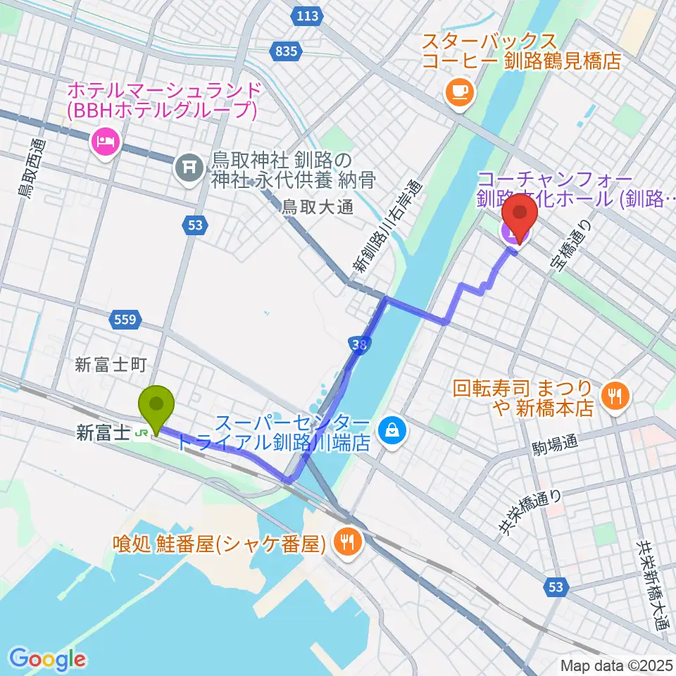 コーチャンフォー釧路文化ホールの最寄駅新富士駅からの徒歩ルート（約34分）地図
