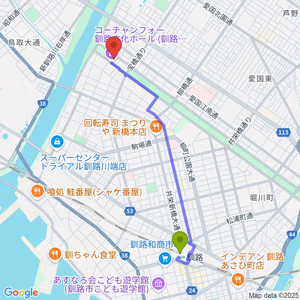 釧路駅からコーチャンフォー釧路文化ホールへのルートマップ地図