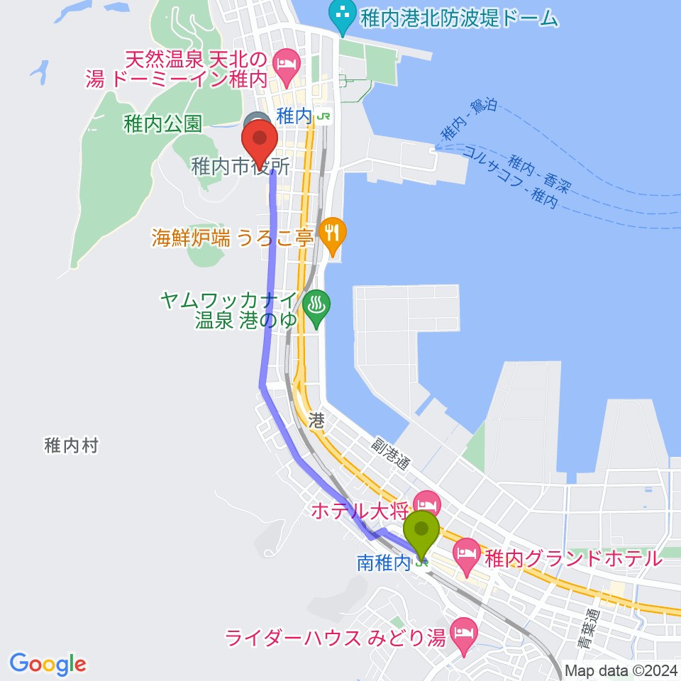 南稚内駅から稚内総合文化センターへのルートマップ地図