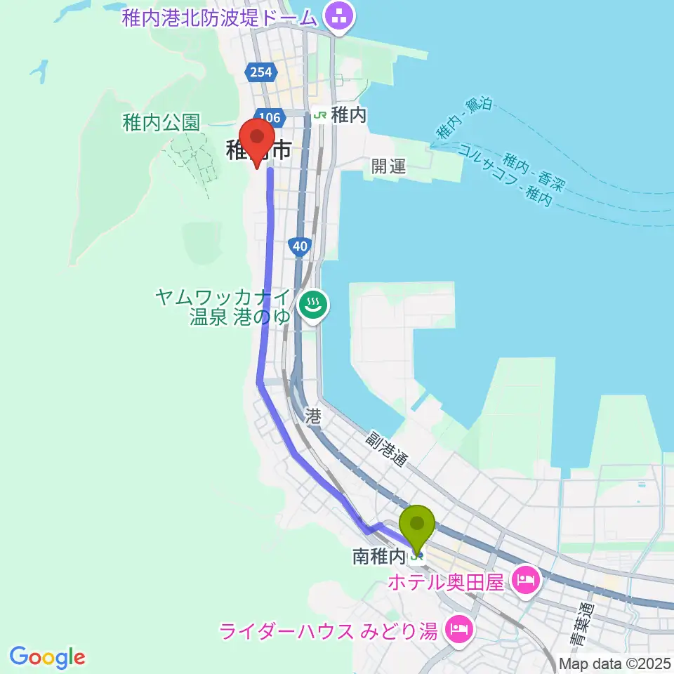 南稚内駅から稚内総合文化センターへのルートマップ地図