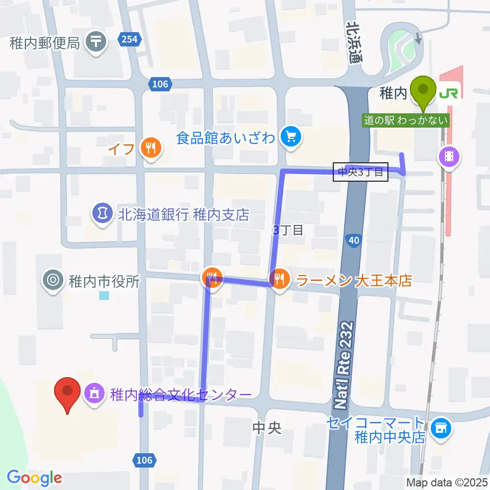 稚内総合文化センターの最寄駅稚内駅からの徒歩ルート（約6分）地図