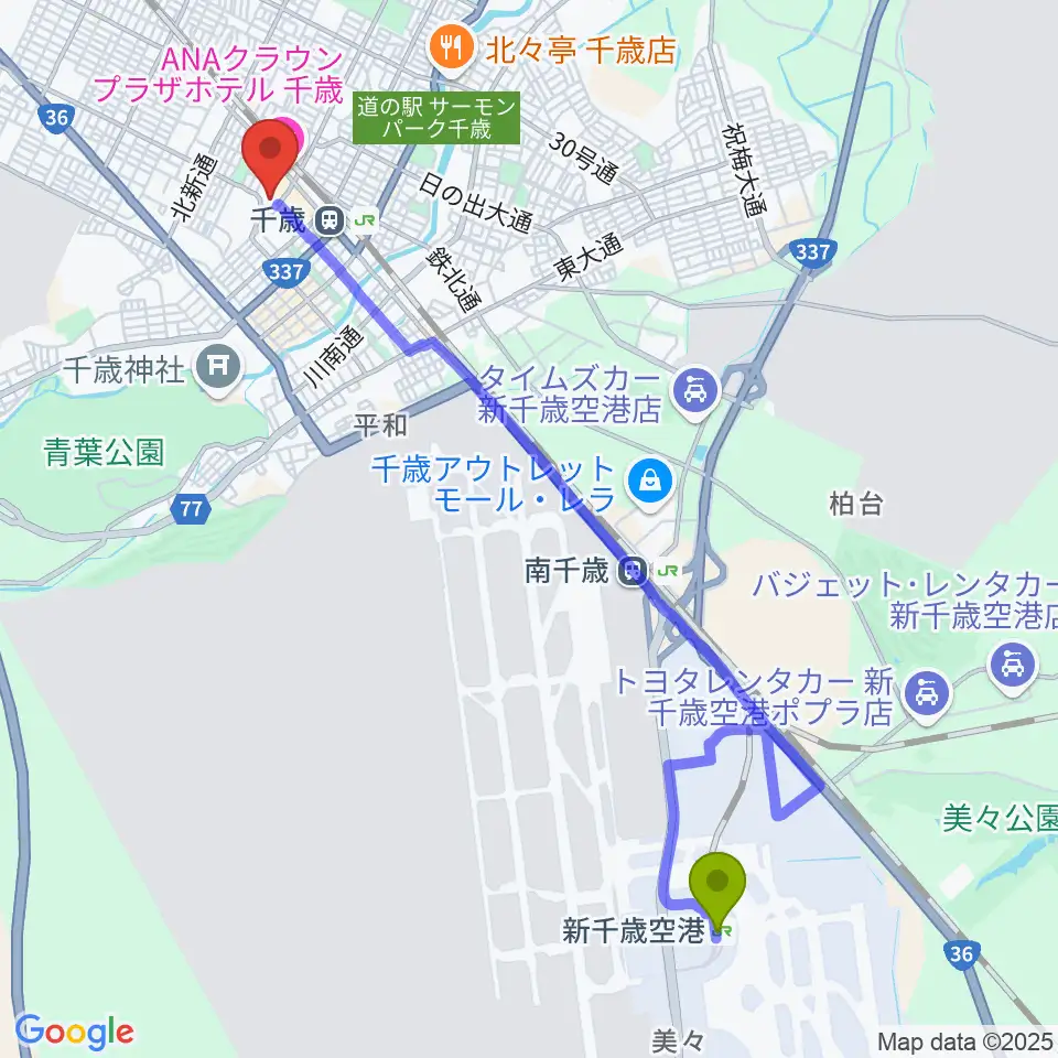 新千歳空港駅から北ガス文化ホールへのルートマップ地図
