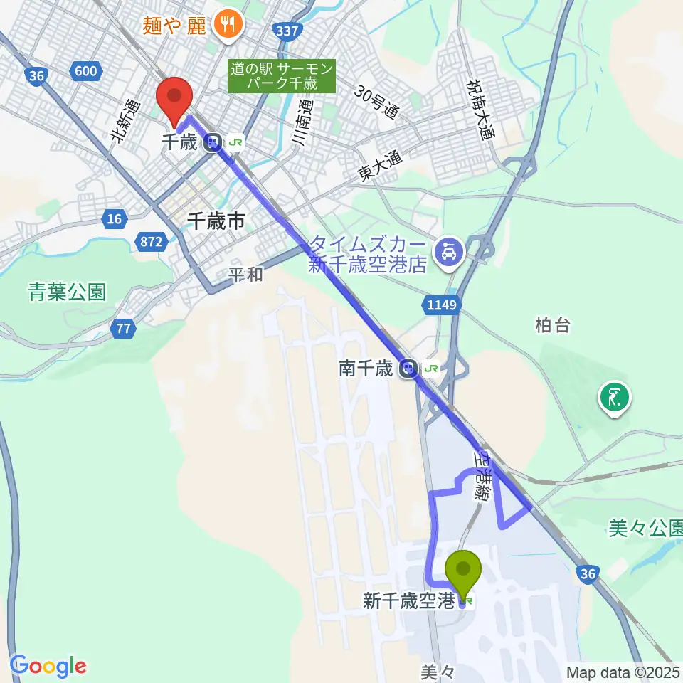 新千歳空港駅から北ガス文化ホールへのルートマップ地図