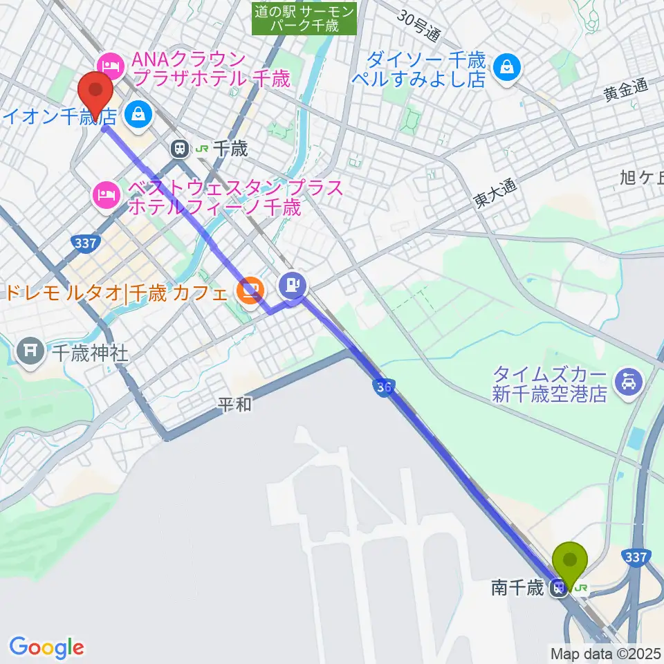 南千歳駅から北ガス文化ホールへのルートマップ地図
