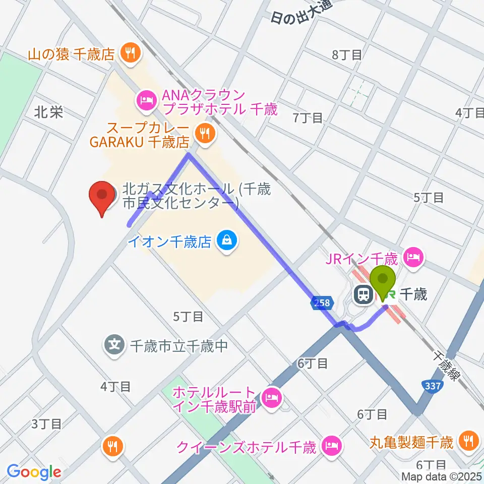 北ガス文化ホールの最寄駅千歳駅からの徒歩ルート（約8分）地図