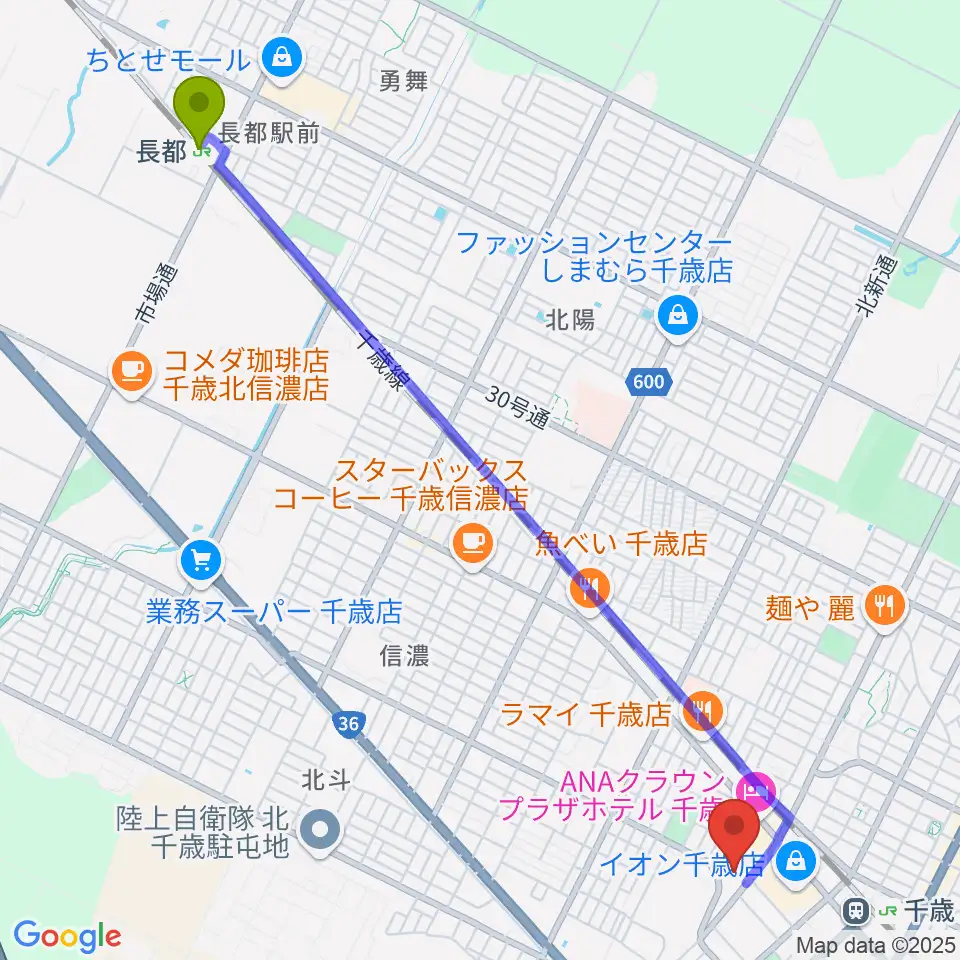 長都駅から北ガス文化ホールへのルートマップ地図
