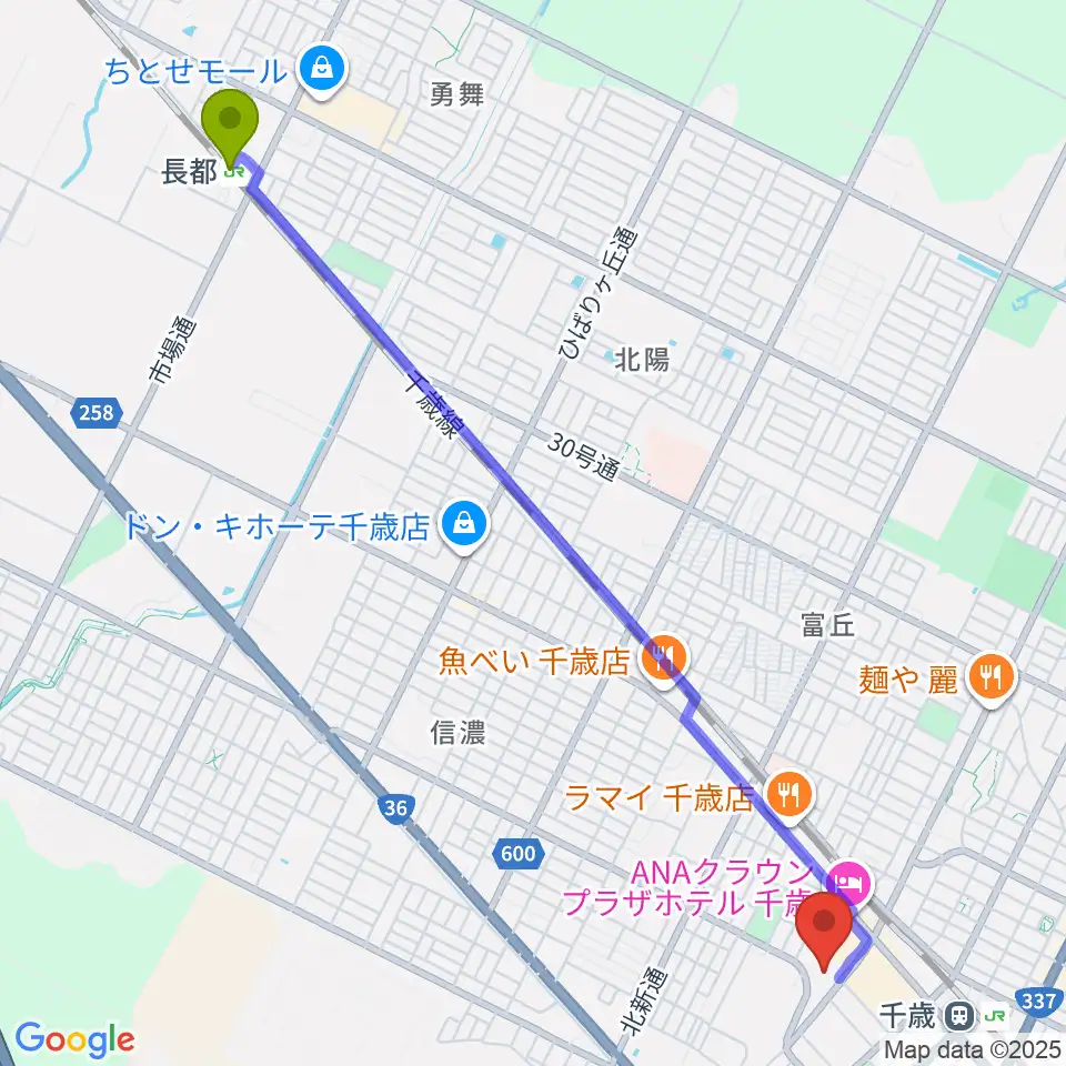 長都駅から北ガス文化ホールへのルートマップ地図