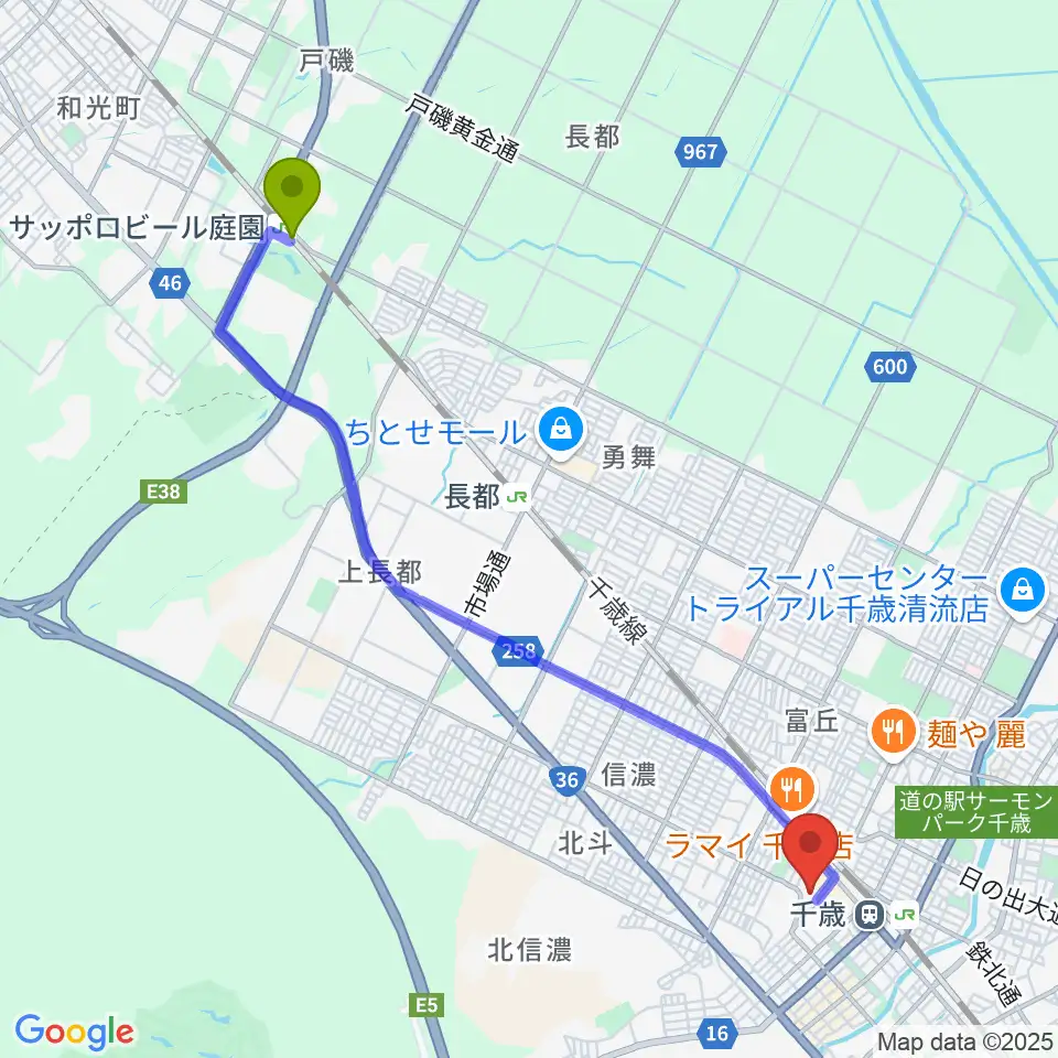 サッポロビール庭園駅から北ガス文化ホールへのルートマップ地図