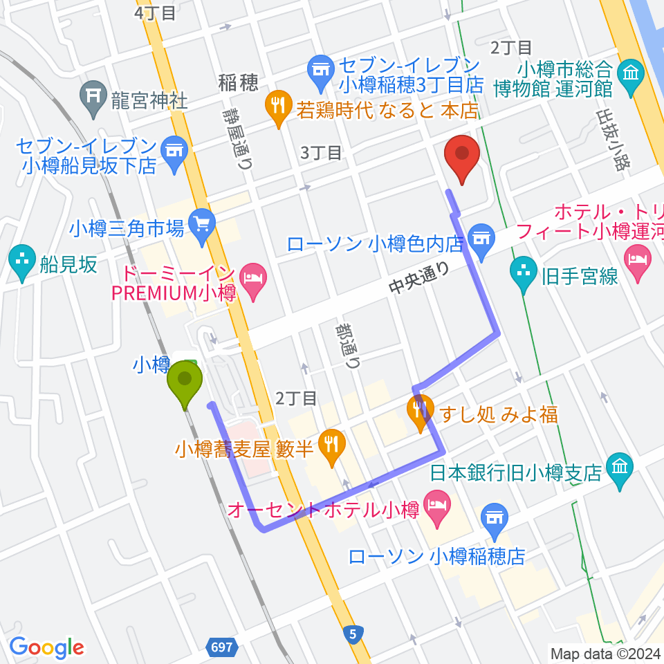 小樽市民センター マリンホールの最寄駅小樽駅からの徒歩ルート（約8分）地図