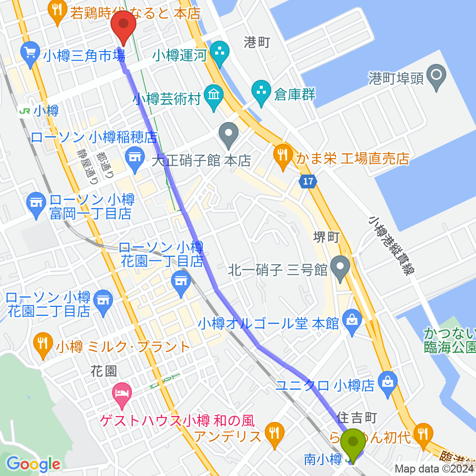南小樽駅から小樽市民センター マリンホールへのルートマップ地図