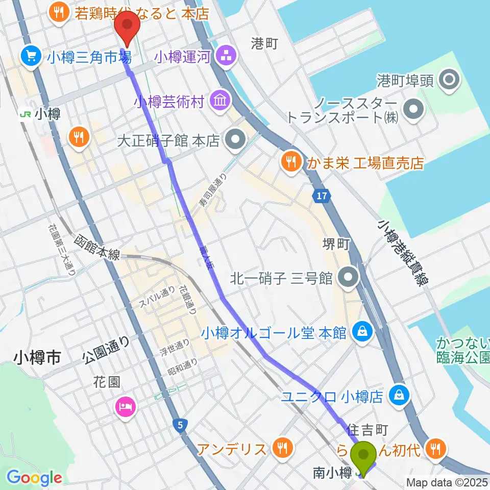 南小樽駅から小樽市民センター マリンホールへのルートマップ地図