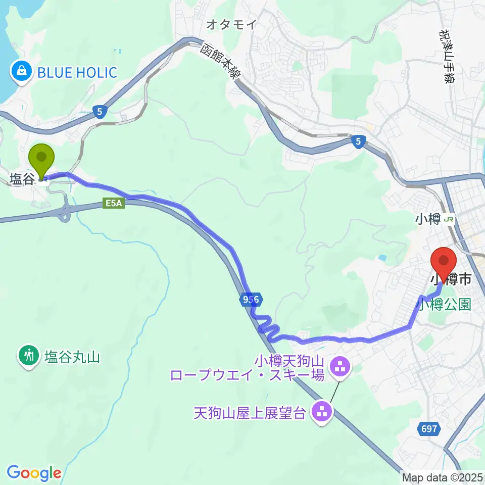 塩谷駅から小樽市民会館へのルートマップ地図