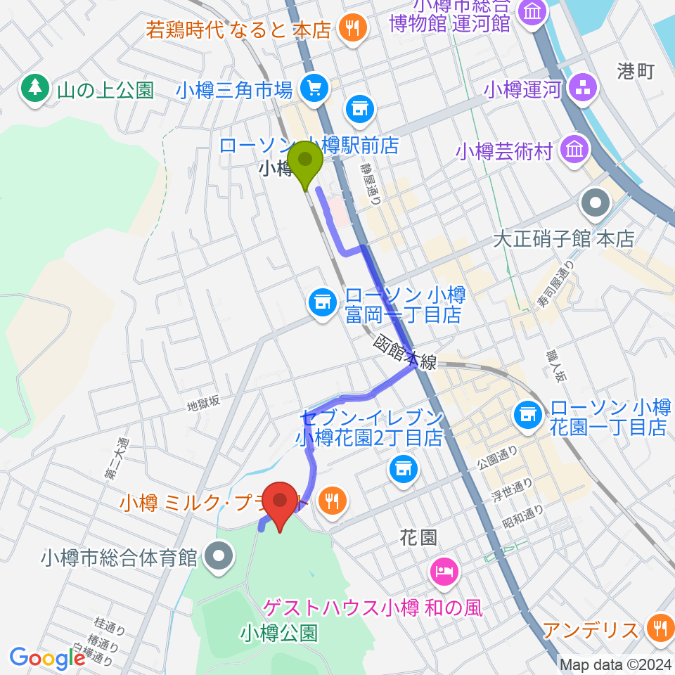 小樽市民会館の最寄駅小樽駅からの徒歩ルート（約14分）地図