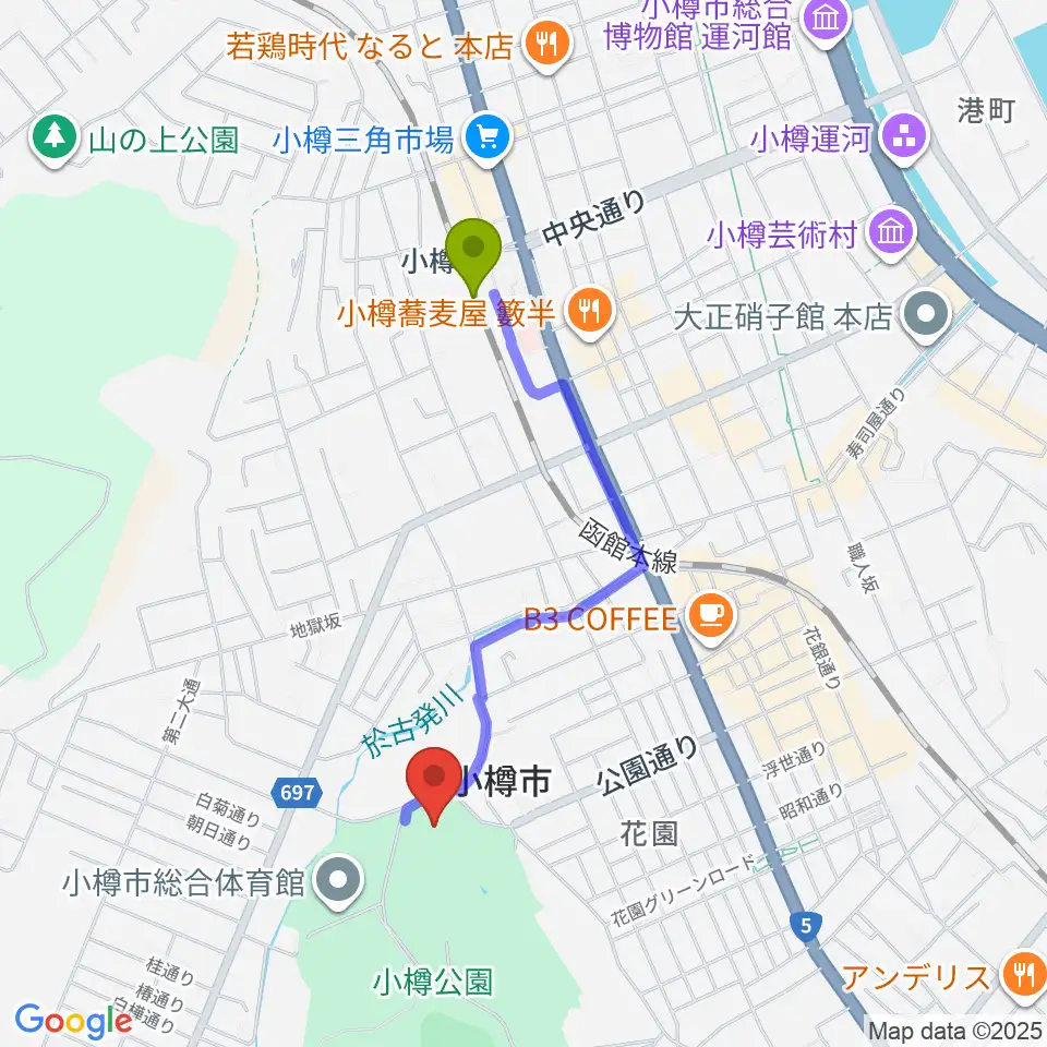 小樽市民会館の最寄駅小樽駅からの徒歩ルート（約14分）地図