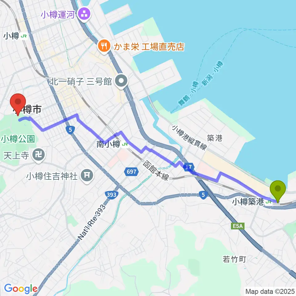 小樽築港駅から小樽市民会館へのルートマップ地図