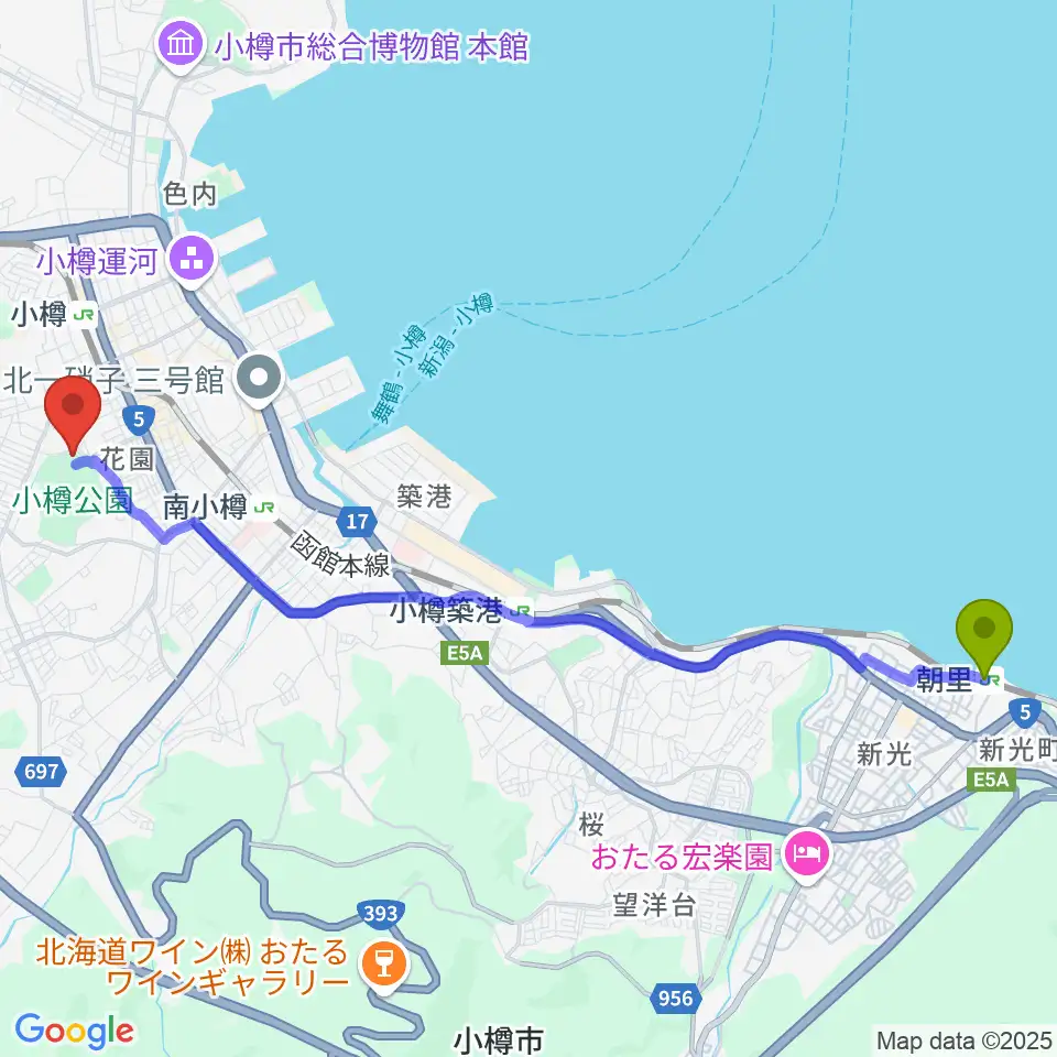 朝里駅から小樽市民会館へのルートマップ地図