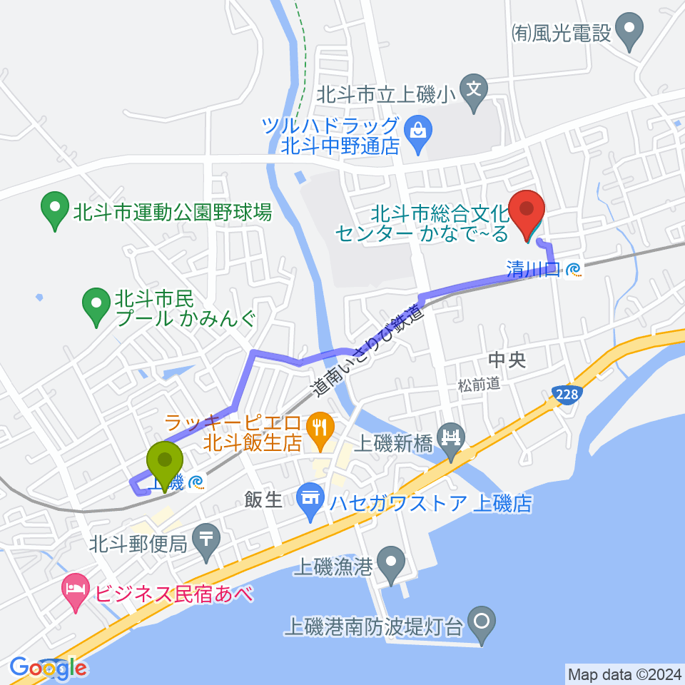 上磯駅から北斗市総合文化センター かなでーるへのルートマップ地図