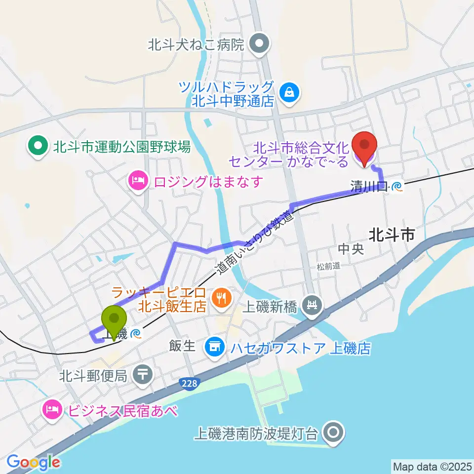 上磯駅から北斗市総合文化センター かなでーるへのルートマップ地図