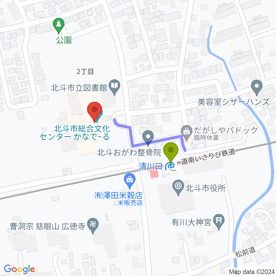 北斗市総合文化センター かなでーるの最寄駅清川口駅からの徒歩ルート（約2分）地図
