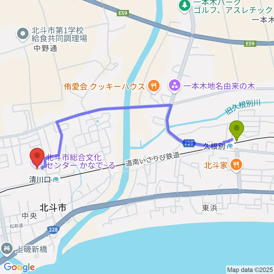 久根別駅から北斗市総合文化センター かなでーるへのルートマップ地図