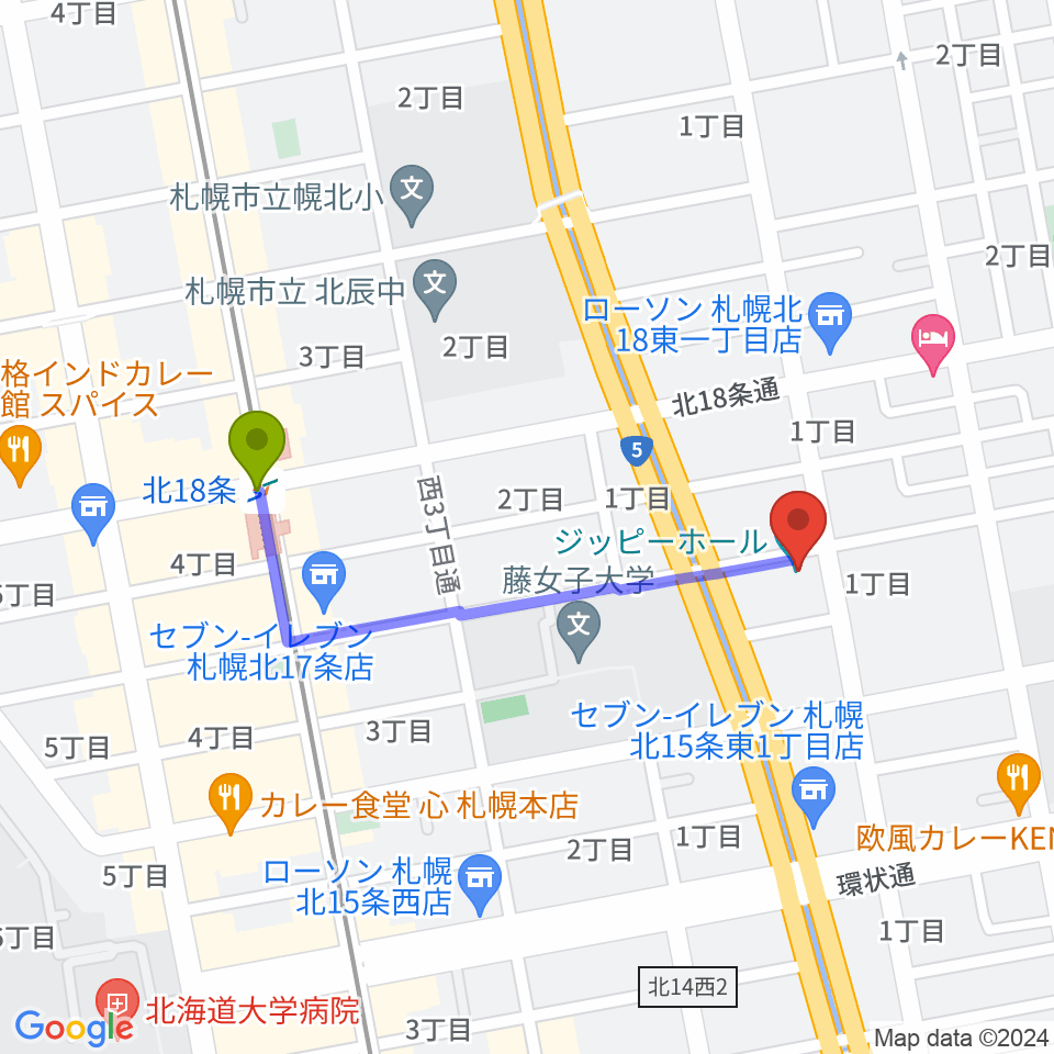 札幌161倉庫の最寄駅北１８条駅からの徒歩ルート（約7分）地図