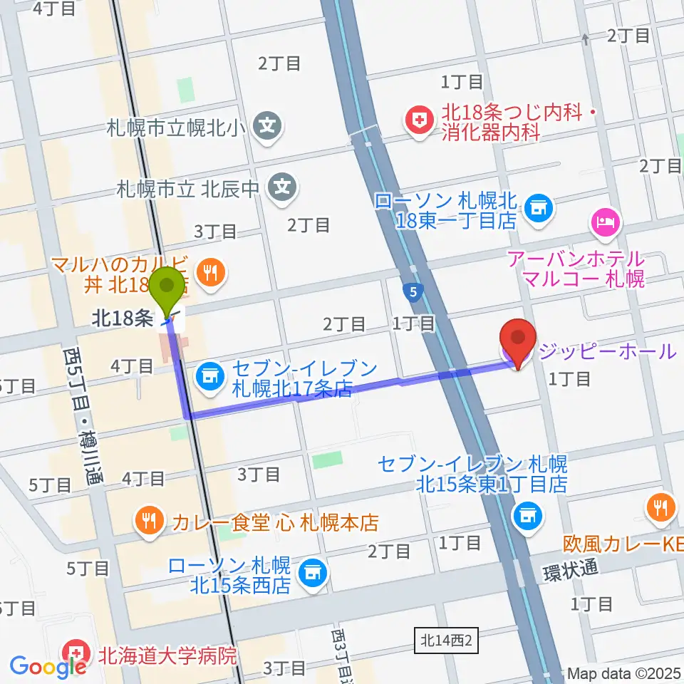 札幌161倉庫の最寄駅北１８条駅からの徒歩ルート（約7分）地図