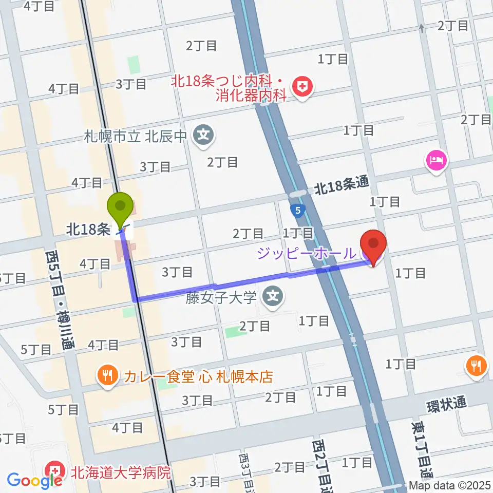 札幌161倉庫の最寄駅北１８条駅からの徒歩ルート（約7分）地図