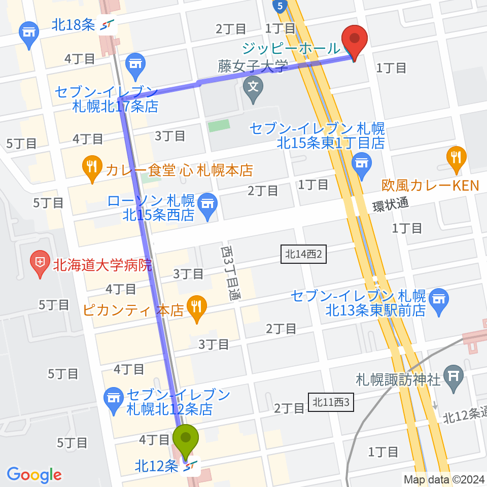 北１２条駅から札幌161倉庫へのルートマップ地図