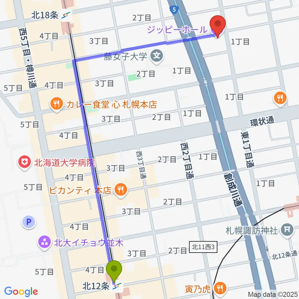 北１２条駅から札幌161倉庫へのルートマップ地図