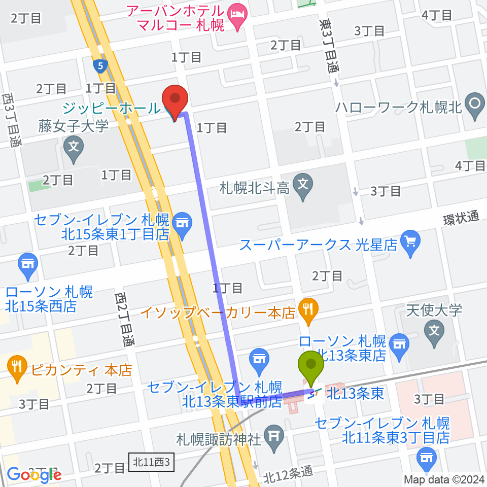北１３条東駅から札幌161倉庫へのルートマップ地図