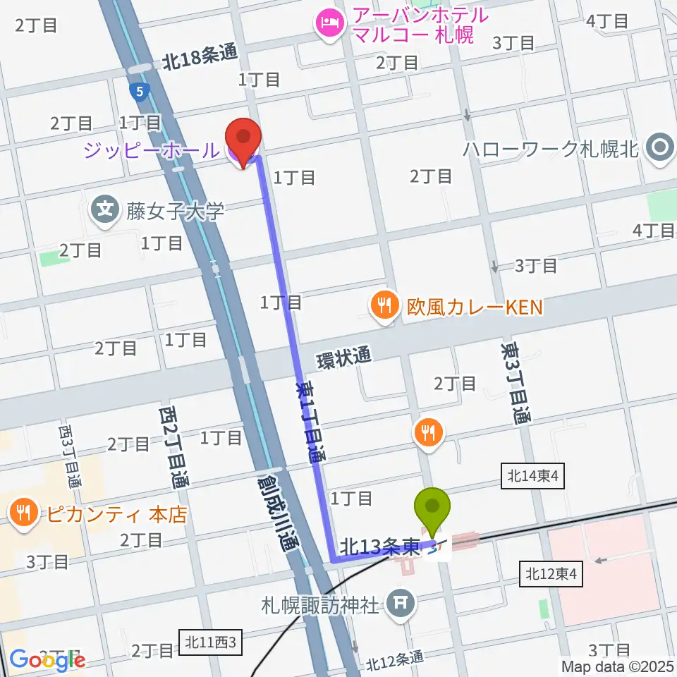 北１３条東駅から札幌161倉庫へのルートマップ地図